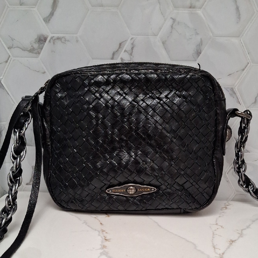 Elliott Lucca Black Woven Leather Crossbody Bag